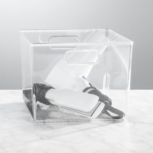 mDesign Large Modern Stackable Plastic Storage Organizer Bin Basket with Handles for Bathroom Vanity Organization - Shelf, Cubby, Cabinet, or Closet Organizing Decor, Ligne Collection - Clear