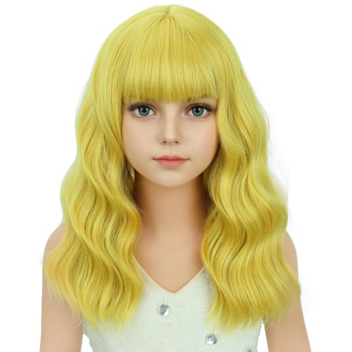 Image of Golden Blonde Wig Short Blonde Wavy Curly Wigs Wig with Air Bangs Synthetic Cosplay Hair Wigs