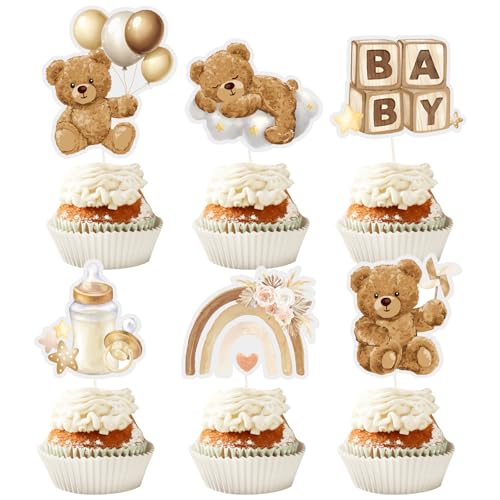 24pcs Bear Cupcake Toppers Baby Shower We Can Bearly Wait Cake Topper Cupcake Decorations Neutral Brown Cream