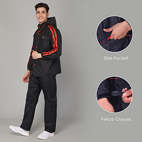 Image of The Clownfish Cyrus Series Men's Waterproof Polyester Double Coating Reversible Raincoat with Hood and Reflector Logo at Back. Set of Top Bottom. Printed Plastic Pouch Rope
