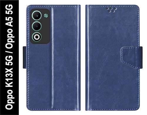 Image of SBMS Flip Cover for Oppo K13x 5G / Oppo A5 5G 6.67 inch Back Cover Case with Magnatic Closure | Inbuilt Stand | Card & Money Pocket (Blue)