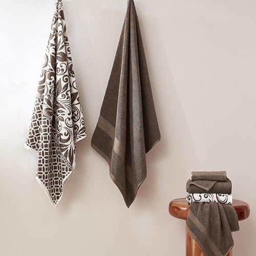 Image of Modern Threads 6 Piece Bath Towel Set - Bathroom Set with 2 Bath Towels, 2 Hand Towels, and 2 Wash Cloths - 100% Cotton, Super Absorbent & Extra Soft - Reversible Botanical Vine (Taupe Brown)