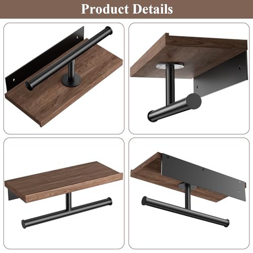 Image of Tindbea Double Toilet Paper Holder with Wood Shelf, Wooden Wall Mount Toilet Paper Roll Holder, Matte Black Stainless Steel Bathroom Toilet Tissue Holder (Walnut)