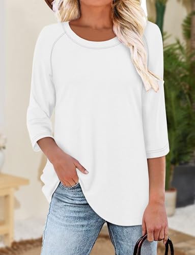 KISSMODA Tunic Tops for Women Loose Fit Dressy Round Neck Pleated 3/4 Length Sleeve Spring Tops