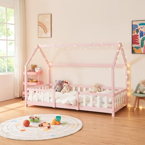 [en.casa] Children's bed Sisimiut House bed 90 x 200 cm with fall-out protection Slatted frame Pine Pink/White