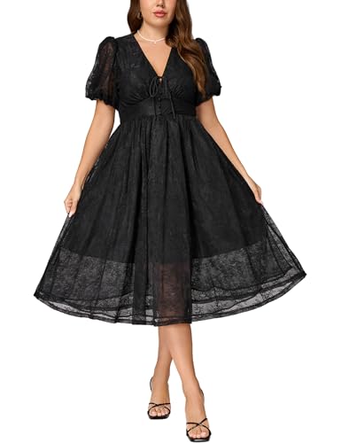 Plus Size Summer Dresses for Women 2025 V Neck Lace Midi Dress Semi Formal Short Sleeve Wedding Guest Cocktail Prom
