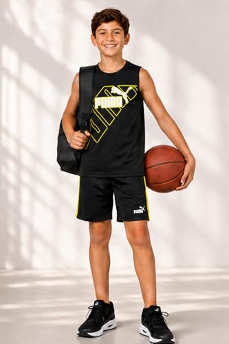 Image of PUMA Active Boys Shorts Set - 2 Piece Dry Fit Sleeveless Basketball Boys Athletic Shirts and Boy Shorts Matching Set (4-16)