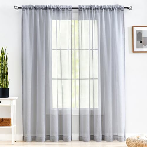 Image of MYSTIC-HOME Sheer Curtains 84 Inches Long, Rod Pocket Sheer Drapes for Living Room, Bedroom, 2 Panels, 52 inchx84 inch, Semi Crinkle Voile Window Treatments for Yard, Patio, Villa, Parlor, Silver Grey