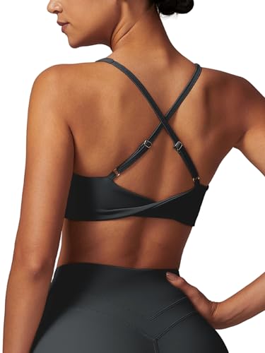 Image of ABOCIW Womens V Neck Twist Back Sports Bra Padded Low Impact Fitness Yoga Bra Workout Crop Top