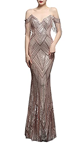 Women's V-Neck Off-Shoulder Sequins Tassels Mermaid Evening Dress