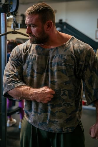 Men's Oversize Camo Rag Top Gym Bodybuilding and Lifting T-Shirt with 3/4 Sleeve Vintage Old School Rag Top4