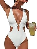 QGIUG Women Sexy High Cut Cheeky One Piece Swimsuits Monokini Plunge V Neck Cutout Bathing Suit Beach Pool Party Rave Outfits White Large