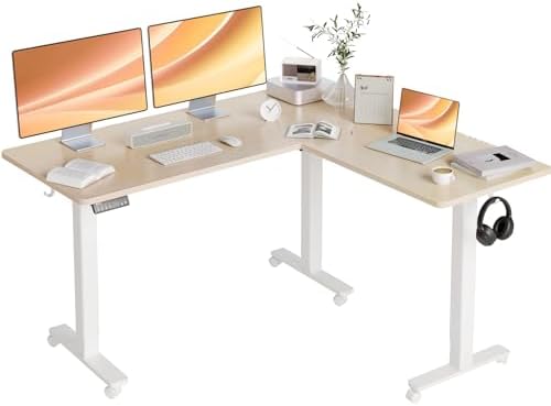 Claiks L Shaped Standing Desk Adjustable Height, Dual Motor Electric Corner Standing Desk, 63×55 inch Sit Stand up Desk with Splice Board, Nature
