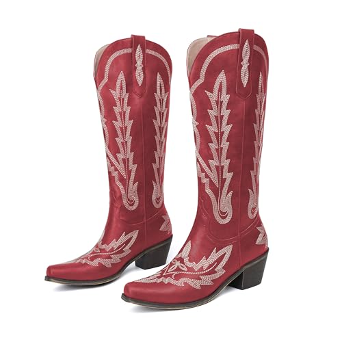 Image of olomisa Over the Knee Cowboy Boots for Women Embroidery Cowgirl Boots Chunky Heel Side Zipper Boots Thigh High Western Boots