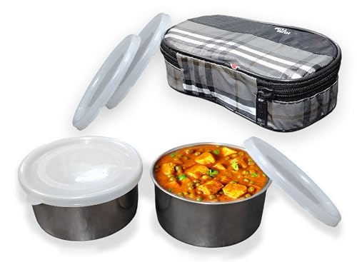 Image of Taxton Stainless Steel Lunch Box with 2 Containers and Insulated Carry Bag, Checkered Pattern, Plastic Lid (Black Grey)