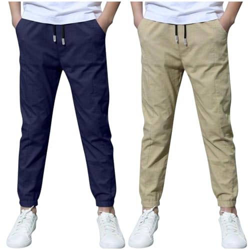 2 Pack Boys Linen Pants Summer Casual Pants Drawstring Jogger Trousers Lightweight Athletic Pant School Uniform Pants2
