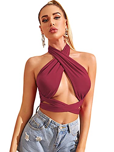 SheIn Women s Sexy Cut Out Halter Crisscross Tie Back Crop Tank Top Burgundy Small