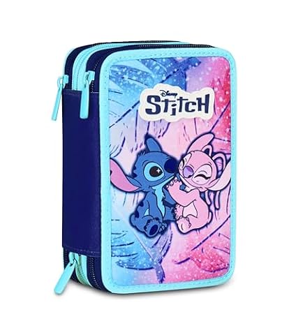 Seven Lilo & Stitch School 3 Zip, jasnoniebieski i różowy, potrójny pojemnik na długopisy, ołówki, kolory, szkoły podstawowe, dziewczynki, Jasnoniebieski i różowy, nowoczesny