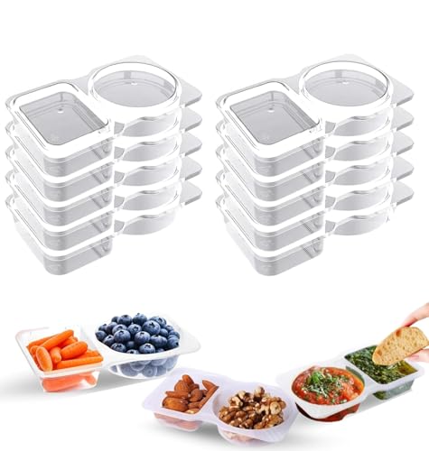 KHAOP Reusable Snack Pack Containers - Double Compartment Snack Containers, Portable Thickened and Reusable Snacks Packs, 2 Compartment Hinged Lid Clear Plastic Portion Cups (10pack)