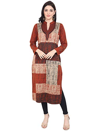 Image of Rosary Women's Embroidered Woolen Kurti with Pockets Warm Full Sleeve Winter Wear