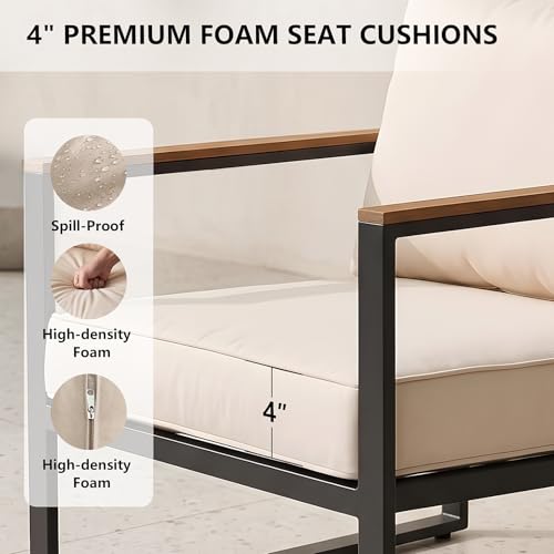 Image of Modern Patio Furniture Set, 4 Pieces Outdoor Conversation Set with Coffee Table, Metal Patio Furniture with 4 inch Washable Foam Cushions, Ships in 1 Box, Beige