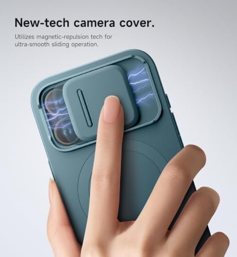 Image of SURITCH for iPhone 15 Pro Case with Magnetic Camera Slide Cover and Adjustable Kickstand, Compatible with MagSafe, Shockproof Bumper Case Slim Protective Cover 6.1 Inch, Lake Green