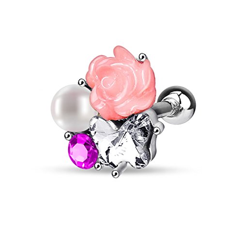 16GA Rhodium Plated Stainless Steel Imitation Pearl and CZ Crystal Flower Cluster Cartilage Helix Tragus Barbell Stud