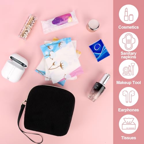 Image of Corduroy Period Pouch with Strawberry Charm Discreet Sanitary Napkin Storage Bag Cute Menstrual Pad Pouch Tampon Bag for Purse Wristlet Makeup Bags Black