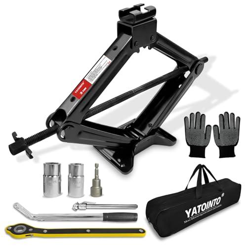 YATOINTO 3 Ton/6614 LBS Scissor Jack | 7 PCS Car Jack Tire Changing Kit, Portable Tyre Changer Set Includes Black Scissor Jack, Socket Drill Adapter, Ratchet Wrench, Tire Gauge
