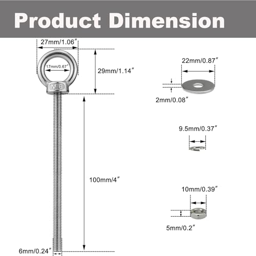 Image of M6 Stainless Steel Eye Bolt with Nuts 4 Pack, M6 x 100mm (1 /4 inch x 4 inch) Long Ring Shoulder Lifting Eye Bolt for Swing, Male Screw Threaded Eyebolt kit Tie Down Outdoor Indoor