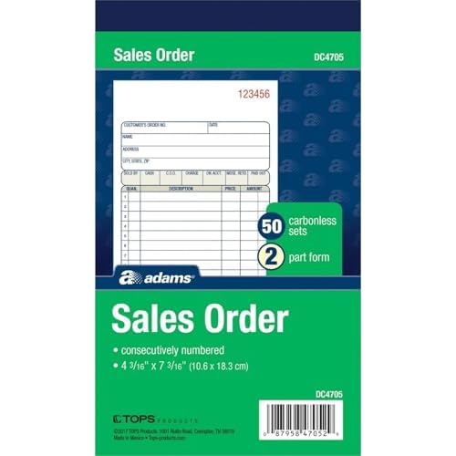 Adams Sales Order Book, 2-Part, Carbonless, White/Canary, 4-3/16 x 7-3/16 Inches, 50…