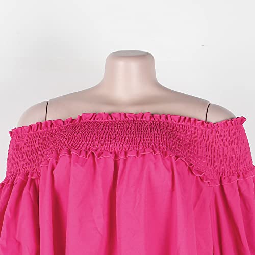 Image of WOKANSE Women's Casual Plus Size Shirred Dresses Off Shoulder Bell Sleeves Ruffle Loose Stretchy Neck Midi Dress