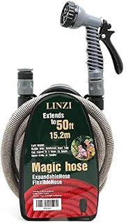 LINZI Expandable Garden Water Hose 15M 50FT Magic Hose Double Latex Inner Hose Flexible No Kink + Plastic Connectors + 7 Function Spray Gun + Hose Holder