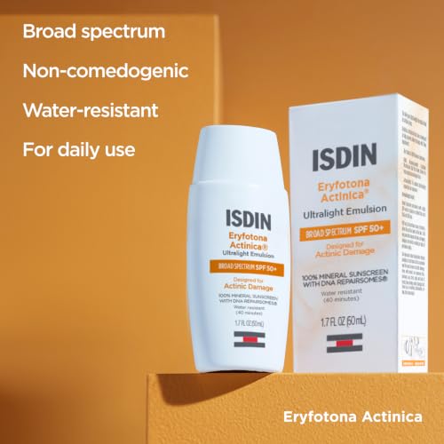 Image of ISDIN Eryfotona Actinica Mineral Face Sunscreen SPF 50+, No White Cast | 100% Mineral UV Filters, Zinc Oxide, Suitable for Sensitive Skin, Non-comedogenic, Dermatologist Recommended