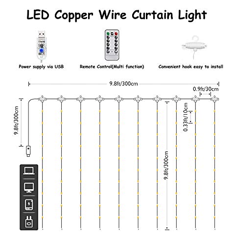 XERGY Window Curtain String Light 300 LED 8 Lighting Modes Fairy Lights Remote Control USB Powered Waterproof Lights for Bedroom Party Wedding Home Wall Decorations (Multi Color)