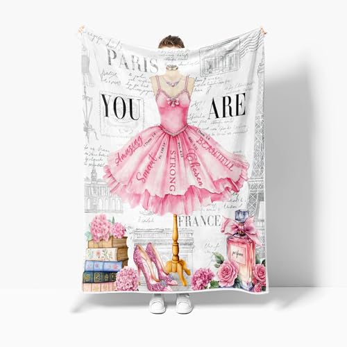 Image of Paris Pink Dress Floral Flannel Throw Blanket, Vintage Eiffel Tower Perfume High Heel Cozy Decor Blanket for Couch Bedroom Camping, Gift Blanket for Women Girls Home Fans,60X70 Inch