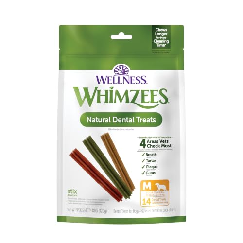 Whimzees Wellness Stix Natural Dog Dental Treat, Chews, Freshens Breath, Medium Size Sticks, 14.81 oz Bag, 14 Count