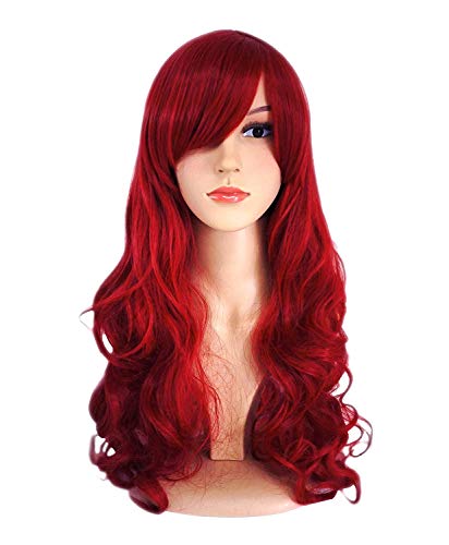 ATAYOU Long ondulé Rouge Perruque Synthétique pour Femme Costume De fête d Halloween et