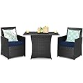 Tangkula 3 Pieces Patio Dining Set, Space-Saving PE Rattan Bistro Set with Tempered Glass Top Table and Cushioned Chairs, Outdoor Conversation Set for Garden Backyard Poolside Porch (Blue)