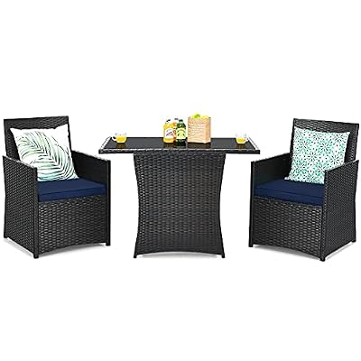 Tangkula 3 Pieces Patio Dining Set, Space-Saving PE Rattan Bistro Set with Tempered Glass Top Table and Cushioned Chairs, Outdoor Conversation Set for Garden Backyard Poolside Porch (Blue)