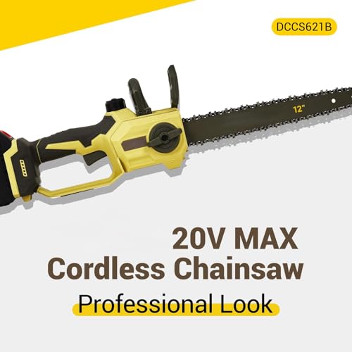 Image of 12 Inch Mini Cordless, Automatic Chain Tension, Mini Cordless Handheld Chainsaw, 20V Chargeable Cord Less & 2.0AH Battery and Charger for Home (Yellow)