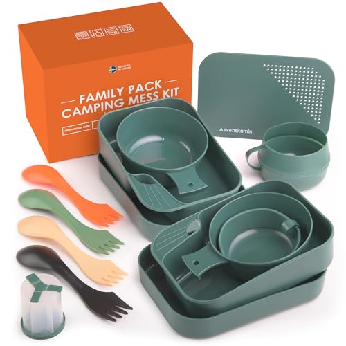Camping Mess Kit for 4 - Compact 14-Piece Set Including Cups Bowls Silverware Cutting Board Salt & Pepper Shakers