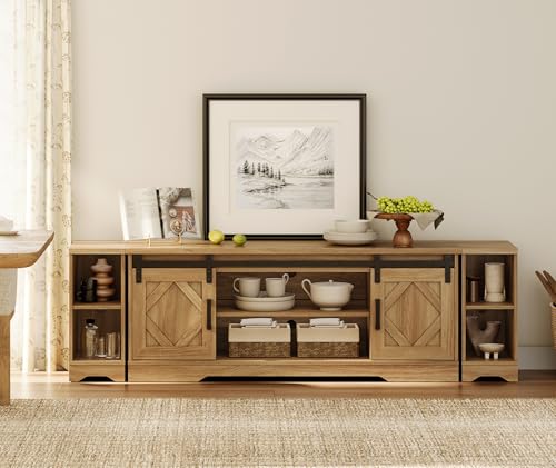 Image of WAMPAT Farmhouse TV Stand for 80-85 inch TV with Distressed Wood Finish