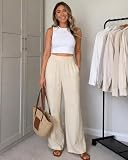 Zylioo Palazzo Pantalon en lin pour femme avec taille élastique et poches pour l'été, la plage, les vacances, Beige, XL extra tall - 3