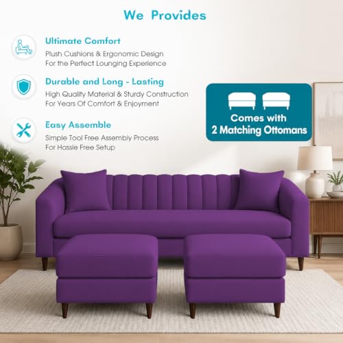 Image of Doraldo 3 Seater Sofa Set with 2 Ottoman for Living Room (Purple) Premium Fabric Sofa
