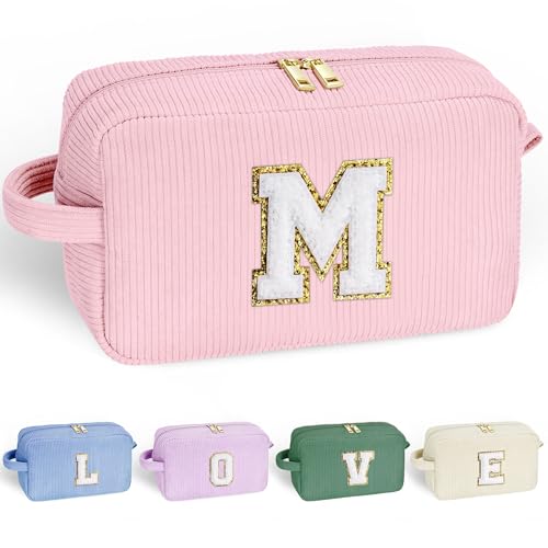 YOOLIFE Birthday Gifts for Women - Gifts for Mom Travel Makeup Bag Cute Pink Makeup Bag Make Up Bag Travel Toiletry Bag Girls Friend Birthday Gifts Bridesmaid Wedding Gift Ideas for Women Letter M