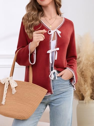 JUYUEO Tie Front Bow Cardigan for Women Trendy Long Sleeve Knit Open Front Sweater Casual Fall Winter Clothes 2026 Red L — view 4