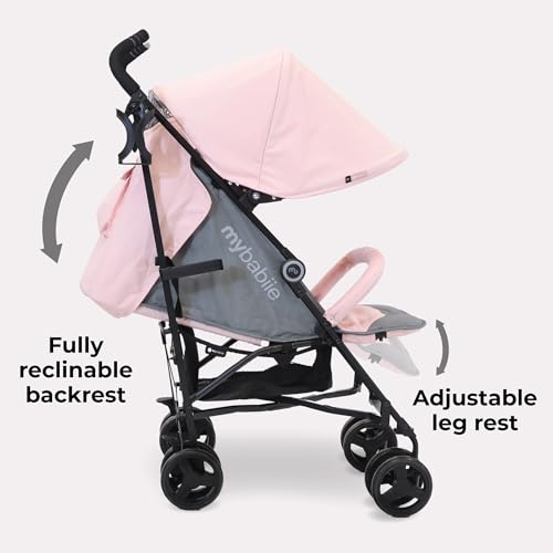 My Babiie MB02 Plus Stroller - from Birth to 4 Years (22kg), Lightweight & Compact Umbrella Fold, Travel Buggy for Toddlers, Pushchair Includes Cup Holder and Rain Cover - Pink & Grey - Image 3