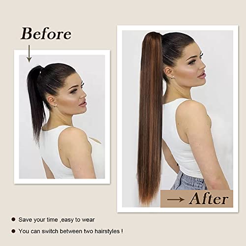 Nannan Long Straight Ponytail Extension Wrap Around Hair Pieces For Women 24 Inch Clip In Synthetic Fiber Hairpiece -Dark Brown Mix Strawberry Blonde Unevenly #TOP2