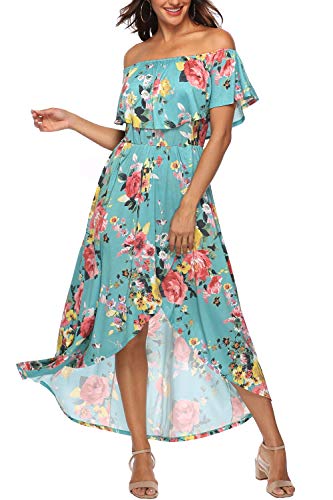 Zattcas Off Shoulder Dresses for Women Long Floral Dress Casual Party Maxi Dress,Aqua,X-Large